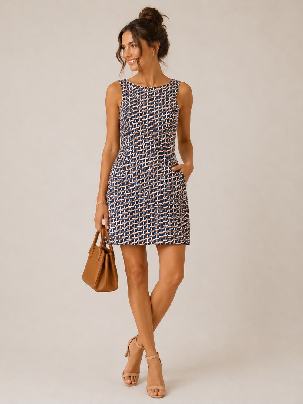 London Times Nautical Boat Print Shift Dress Navy Orange Work Summer S